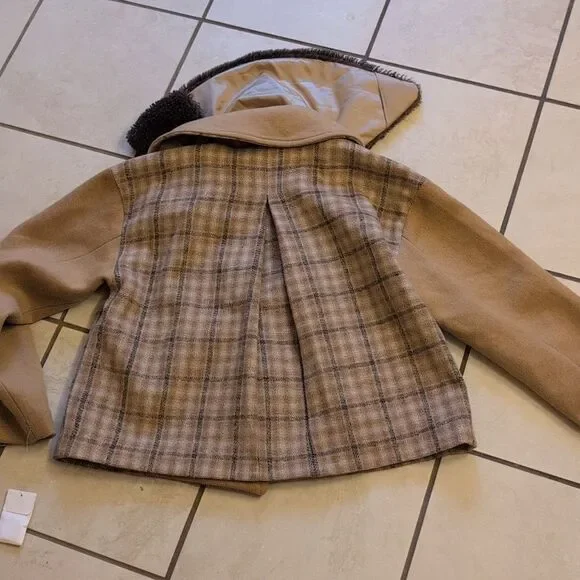 NWT Rachel Parcell Camel Plaid Cropped Coat Polyester Wool Blend Size XS - Picture 3 of 12